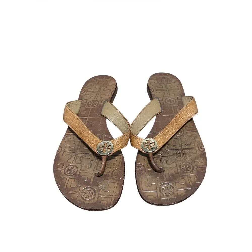 Tory Burch Thora Leather Logo Flip Flop Sandals Brown Gold Medallion Size 9